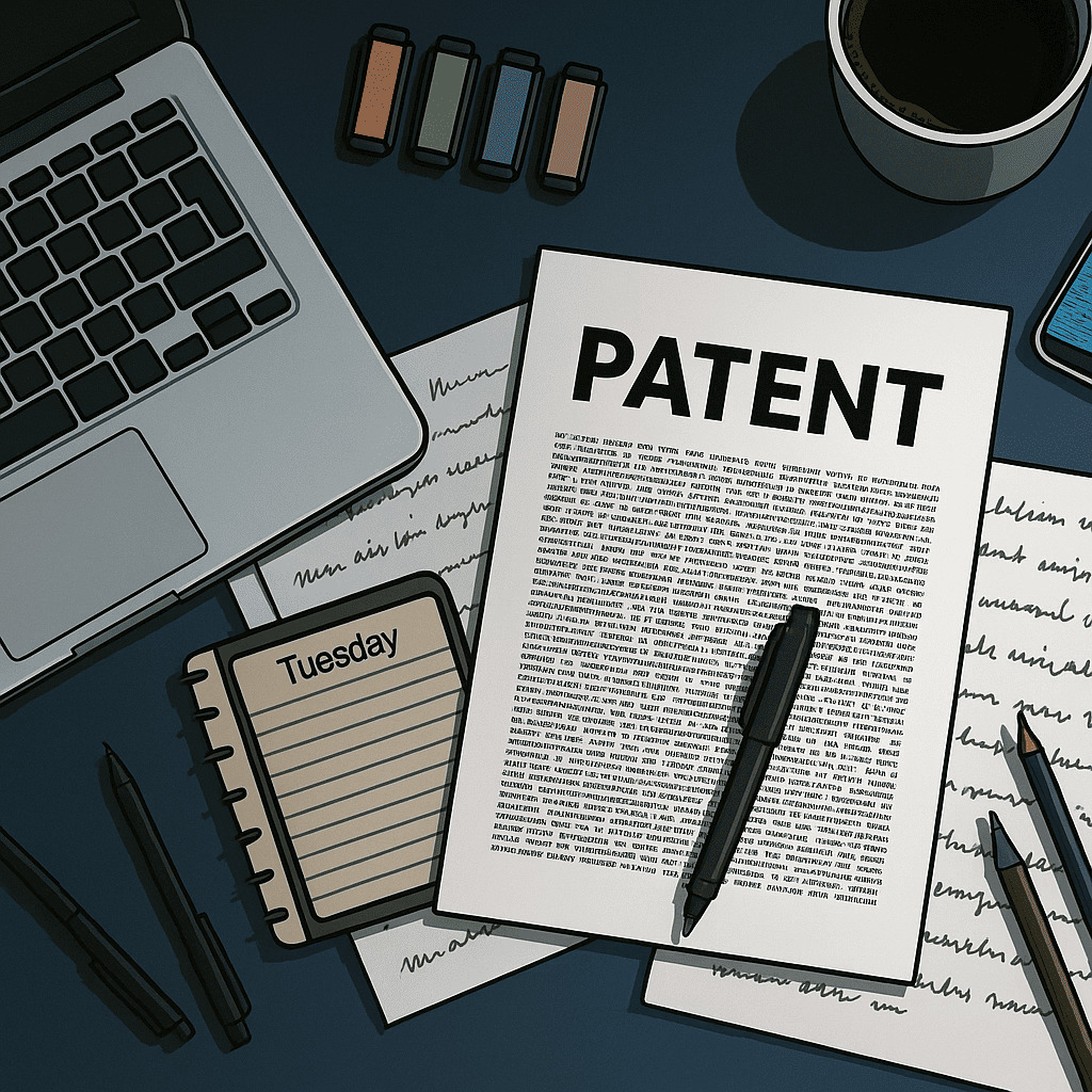 Ilustrácia pracovného stola s dokumentom označeným ako „PATENT“, obklopeného notebookom, mobilným telefónom, poznámkami, kávou, perami a plánovačom v usporiadanom, modernom štýle zhora.