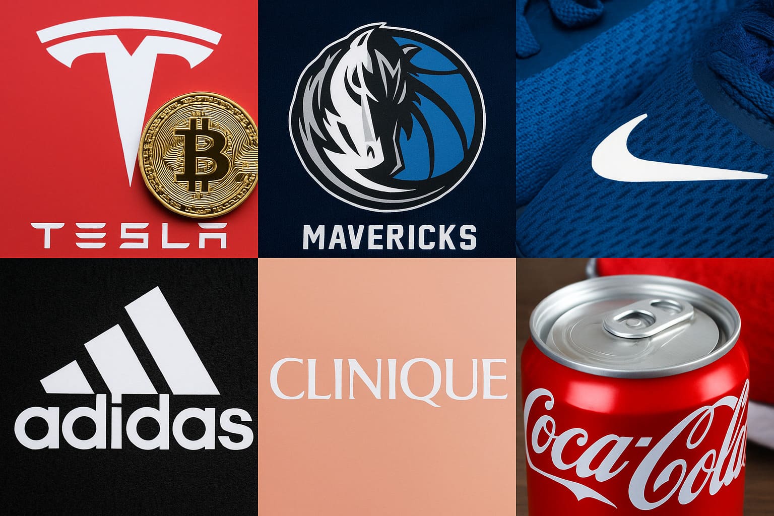 Koláž šiestich spotrebiteľských značiek vrátane Tesla, Dallas Mavericks, Nike, Adidas, Clinique a Coca-Cola, ktoré v roku 2021 vstúpili do sveta kryptomien, doplnená symbolom Bitcoinu.