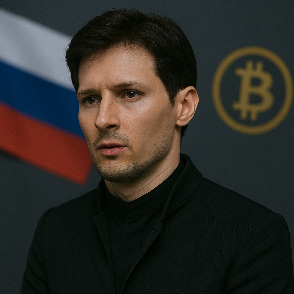 Portrét Pavla Durova s vážnym výrazom na tmavom pozadí s rozmazanou ruskou vlajkou a symbolom Bitcoinu, symbolizujúci jeho postoj k navrhovanému zákazu kryptomien v Rusku.