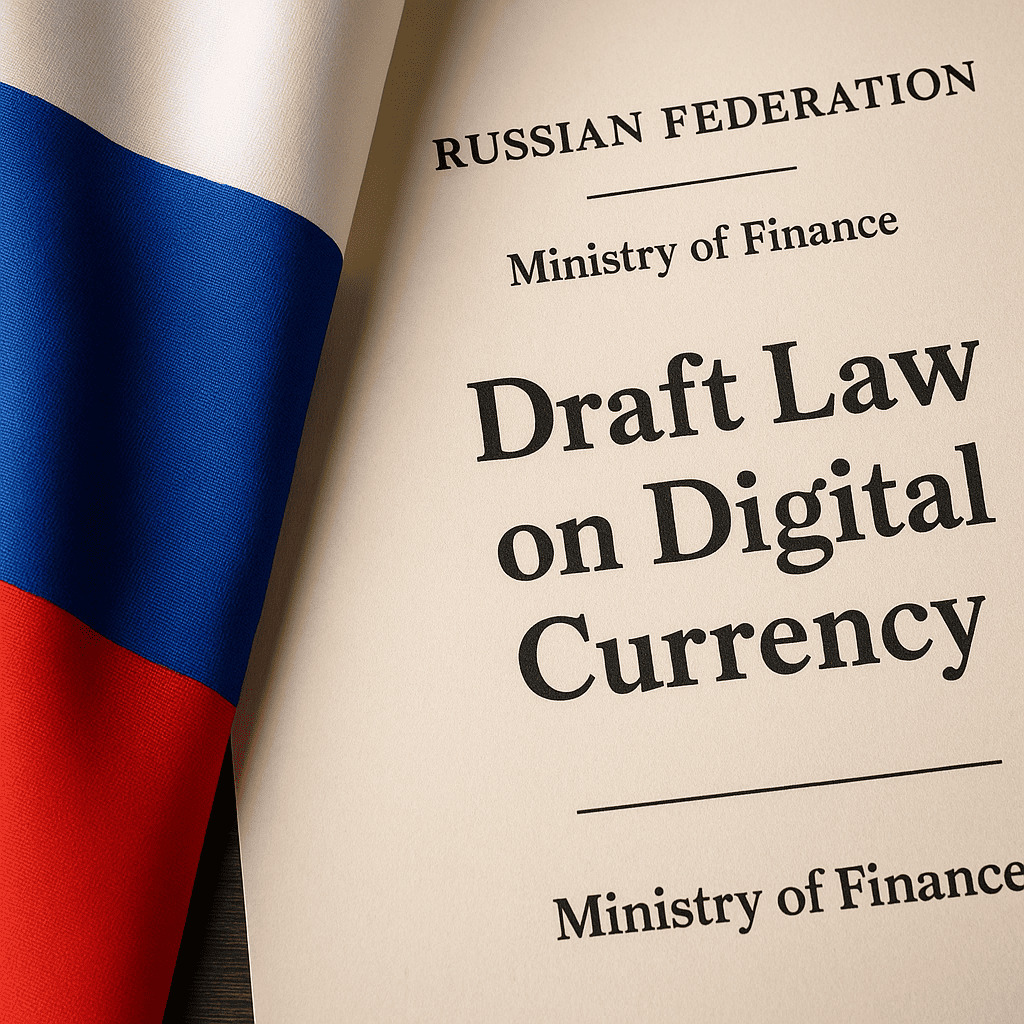 Ruská vlajka prehodená cez dokument s nápisom „Návrh zákona o digitálnej mene“ od Ministerstva financií Ruskej federácie.