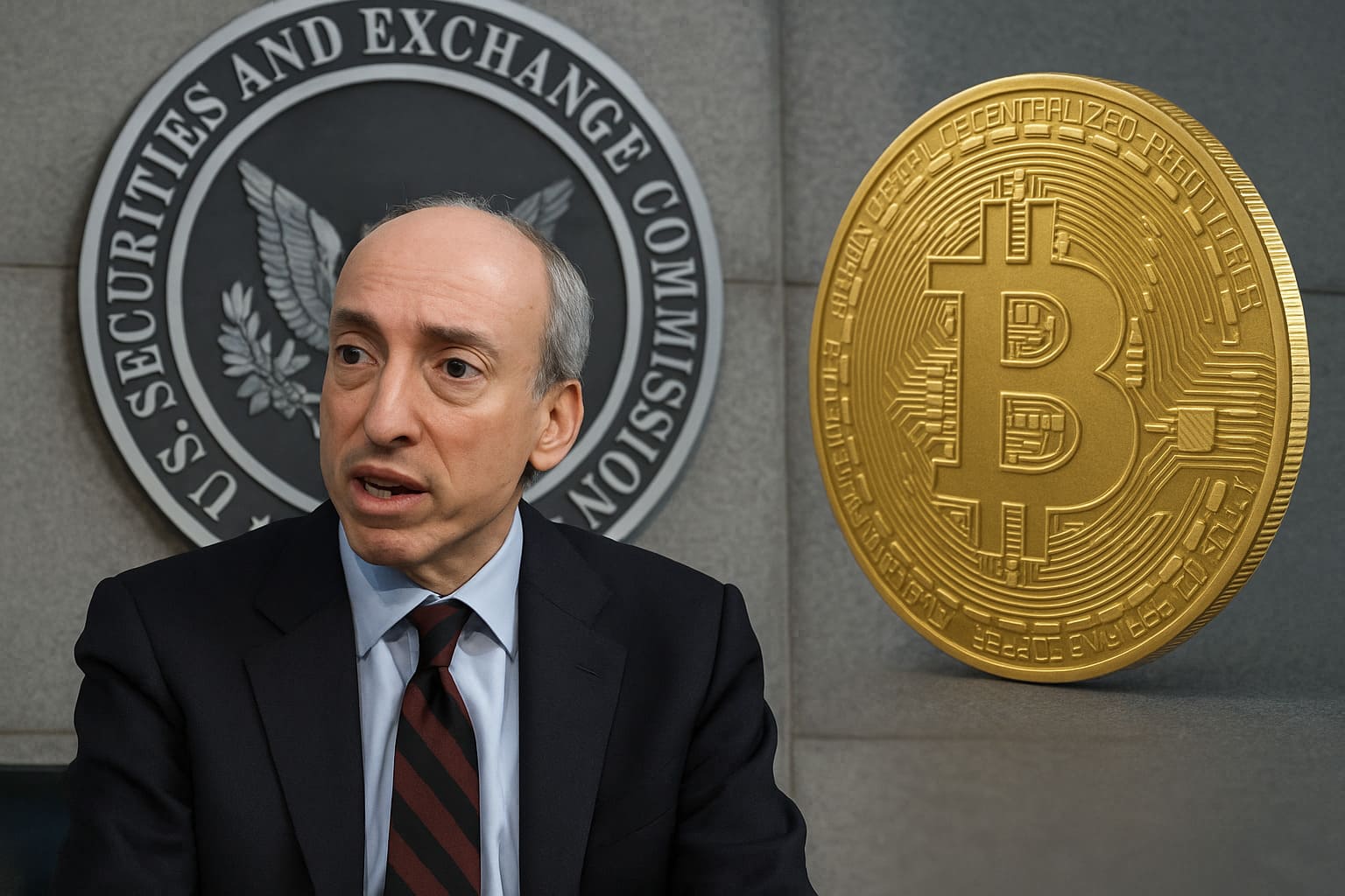 Komisia SEC zamietla žiadosti o spotové ETF na bitcoiny od spoločností NYDIG a Global X Muž v obleku sedí pred logom SEC a veľkou mincou Bitcoinu, symbolizujúc regulačné rozhodnutie o krypto ETF