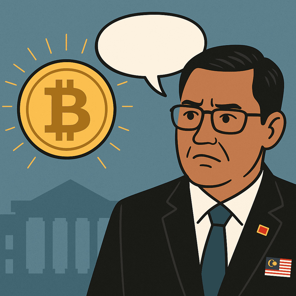 Ilustrácia v plochom štýle zobrazuje malajzijského vládneho úradníka v obleku s malajzijskou vlajkou, ako sa vážne pozerá na zlatý symbol Bitcoinu s vyžarujúcim svetlom, na pozadí je budova a prázdna rečová bublina.