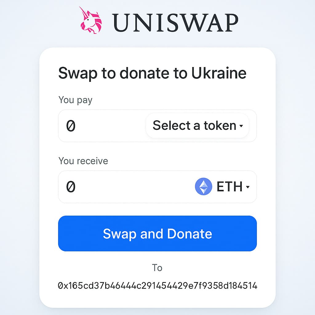 Digitálny screenshot zobrazuje špeciálne rozhranie Uniswap na výmenu altcoinov za ETH s cieľom darovať Ukrajine, s jednoduchým dizajnom a výrazným tlačidlom „Swap and Donate“.
