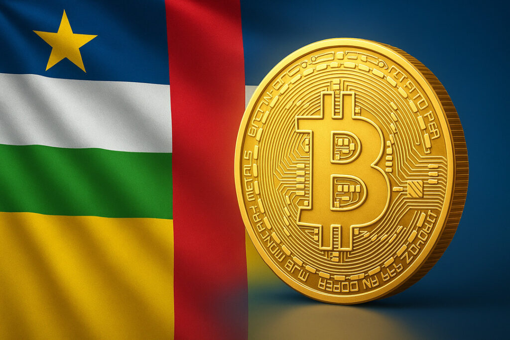 Vlajka Stredoafrickej republiky vedľa zlatej mince Bitcoinu na tmavomodrom pozadí