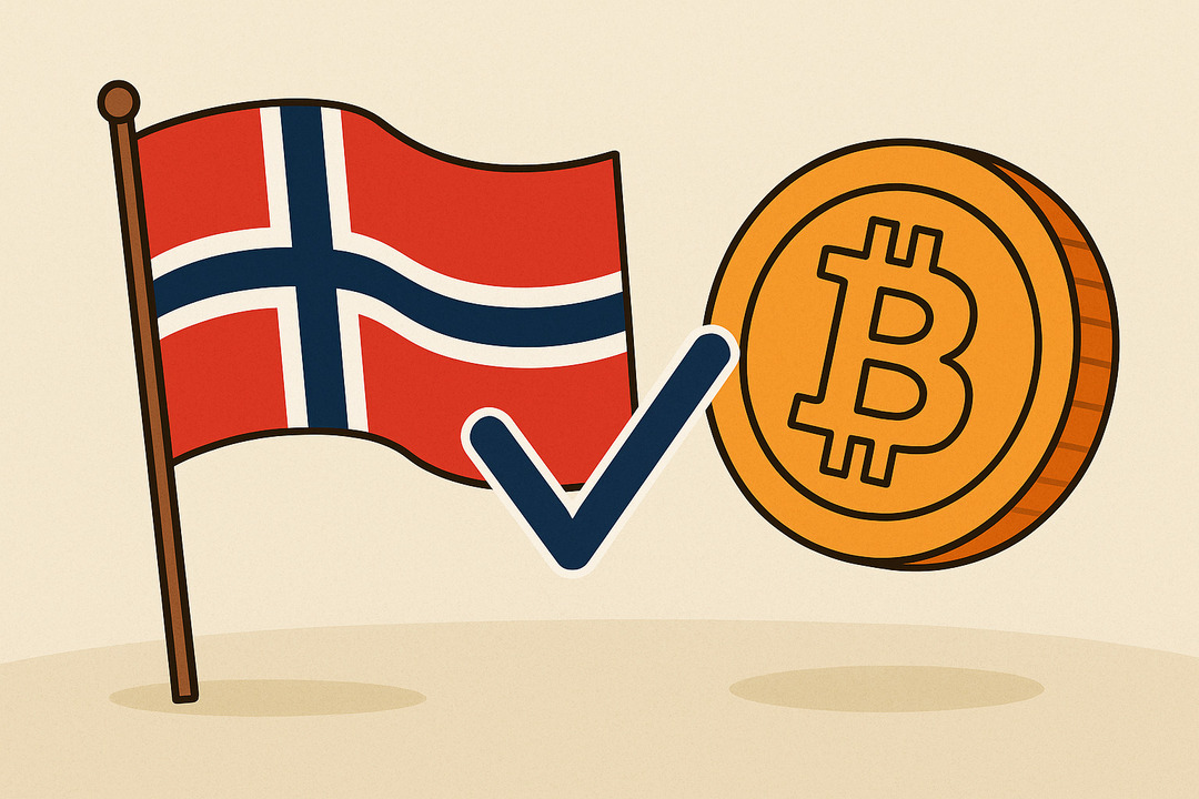 Ilustrácia nórskej vlajky vedľa oranžového bitcoinového symbolu s modrým zaškrtávacím symbolom