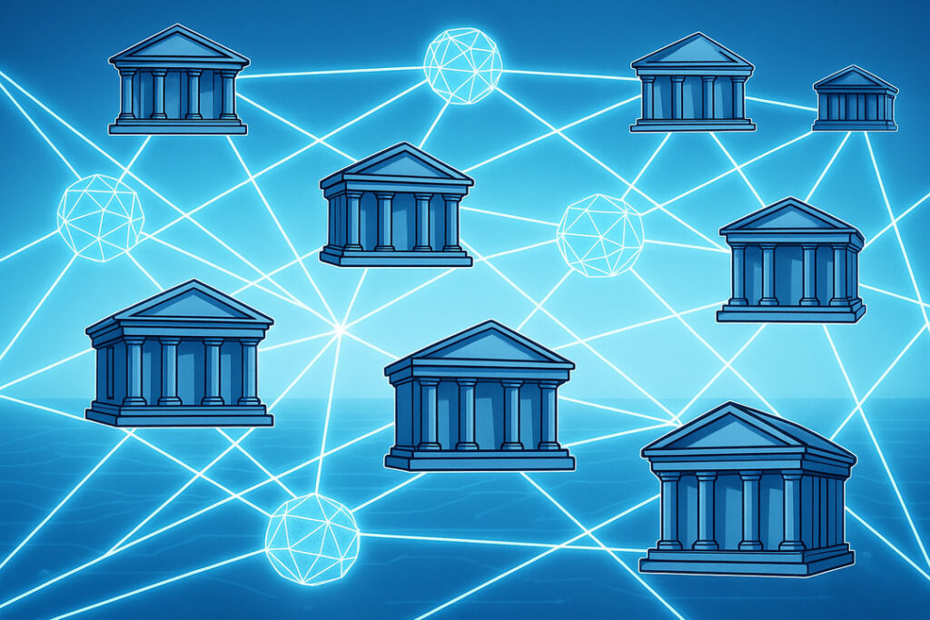 Ilustrácia bankových budov prepojených blockchainovou sieťou so svietiacimi uzlami na modrom pozadí