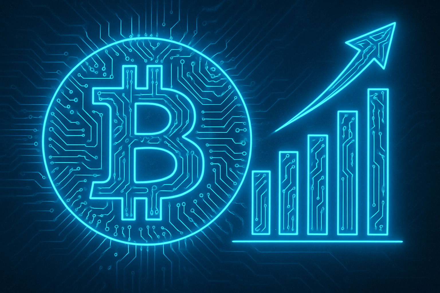 Svietiaci symbol Bitcoinu s rastúcim grafom a neonovými obvodmi na tmavomodrom pozadí