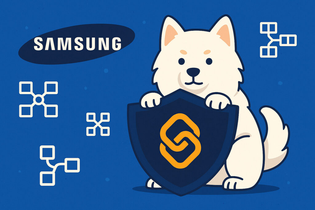 Ilustrovaný biely pes drží štít so symbolom blockchainu na modrom pozadí so značkou Samsung