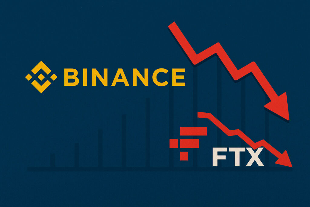 Ilustrácia s logom Binance a klesajúcim grafom znázorňujúcim pád FTX