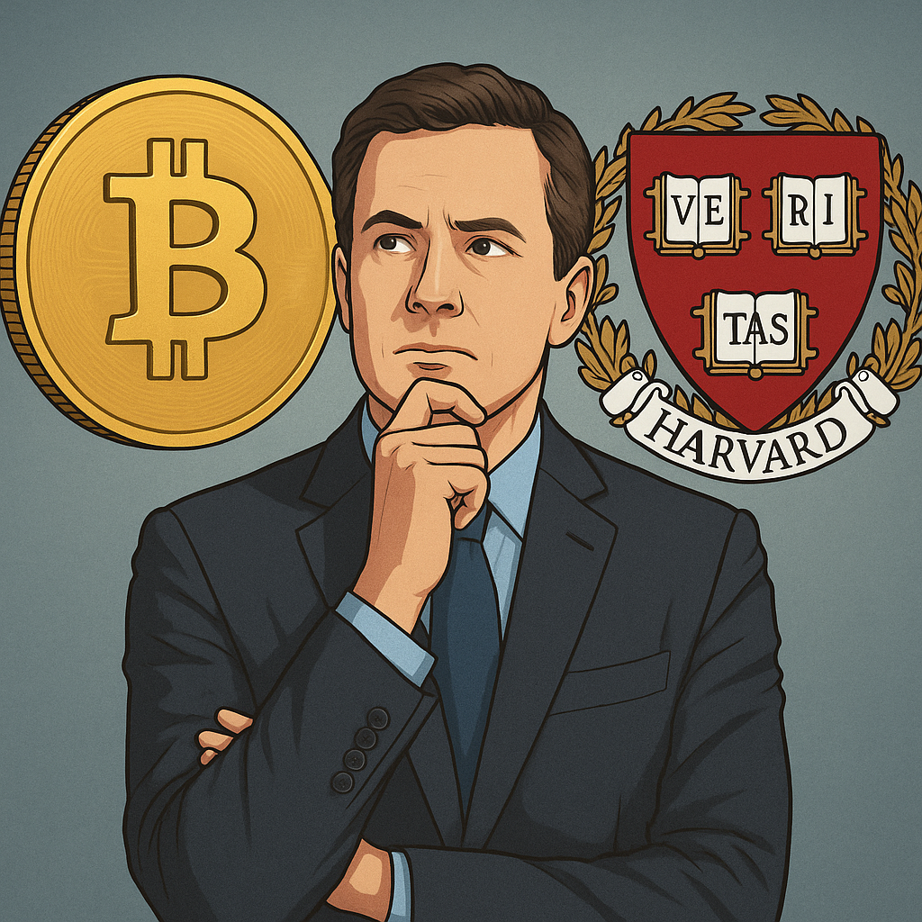 Ilustrácia znázorňuje muža v obleku uvažujúceho o Bitcoine, vedľa ktorého je zlatá minca s logom BTC a erb Harvardovej univerzity – odkazuje na výskum o používaní Bitcoinu centrálnymi bankami na ochranu pred sankciami.