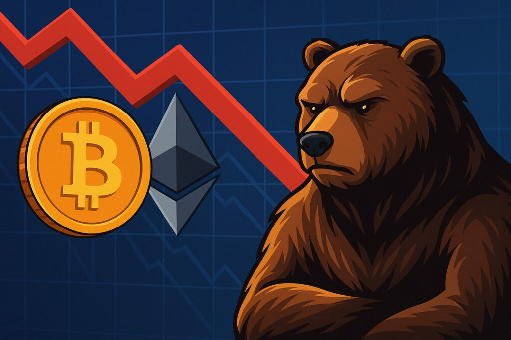 Ilustrácia medvedieho trhu s Bitcoinom a Ethereom, červenou klesajúcou šípkou a medveďom na pozadí