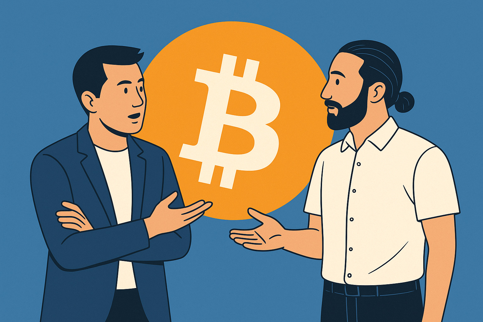 Ilustrovaní muži diskutujú pred symbolom Bitcoinu na modrom pozadí