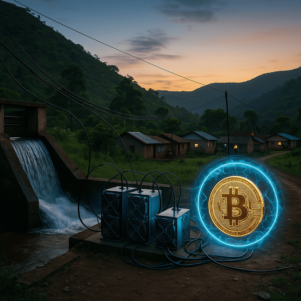 Digitálna fotografia zobrazuje ťažbu Bitcoinu napájanú vodnou elektrárňou v kenskom vidieku, s výhľadom na dedinu v údolí pri západe slnka, kde je viditeľné pripojenie baníckych zariadení k vodnej energii.