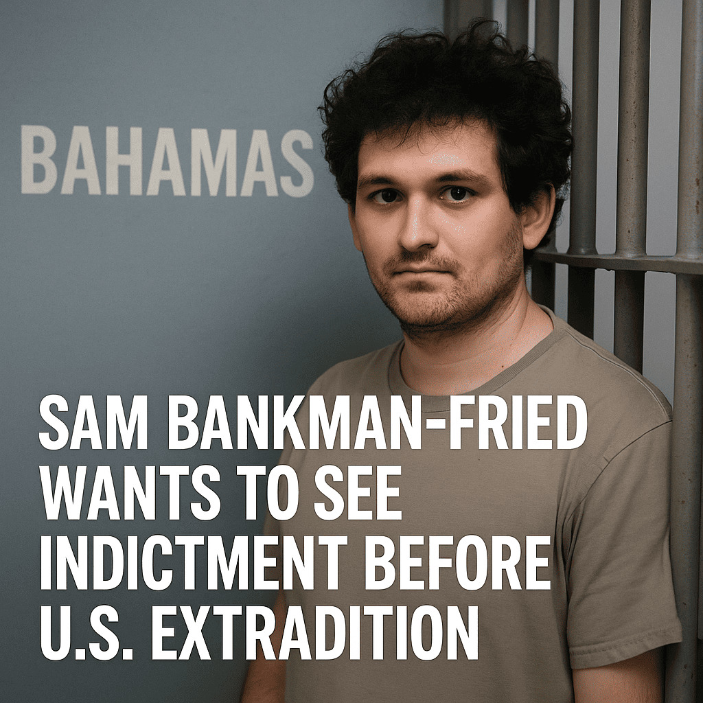 Sam Bankman-Fried stojí vo väzení na Bahamách s nápisom "BAHAMAS" na stene a textovým titulkom "Sam Bankman-Fried chce pred vydaním do USA vidieť obžalobu".