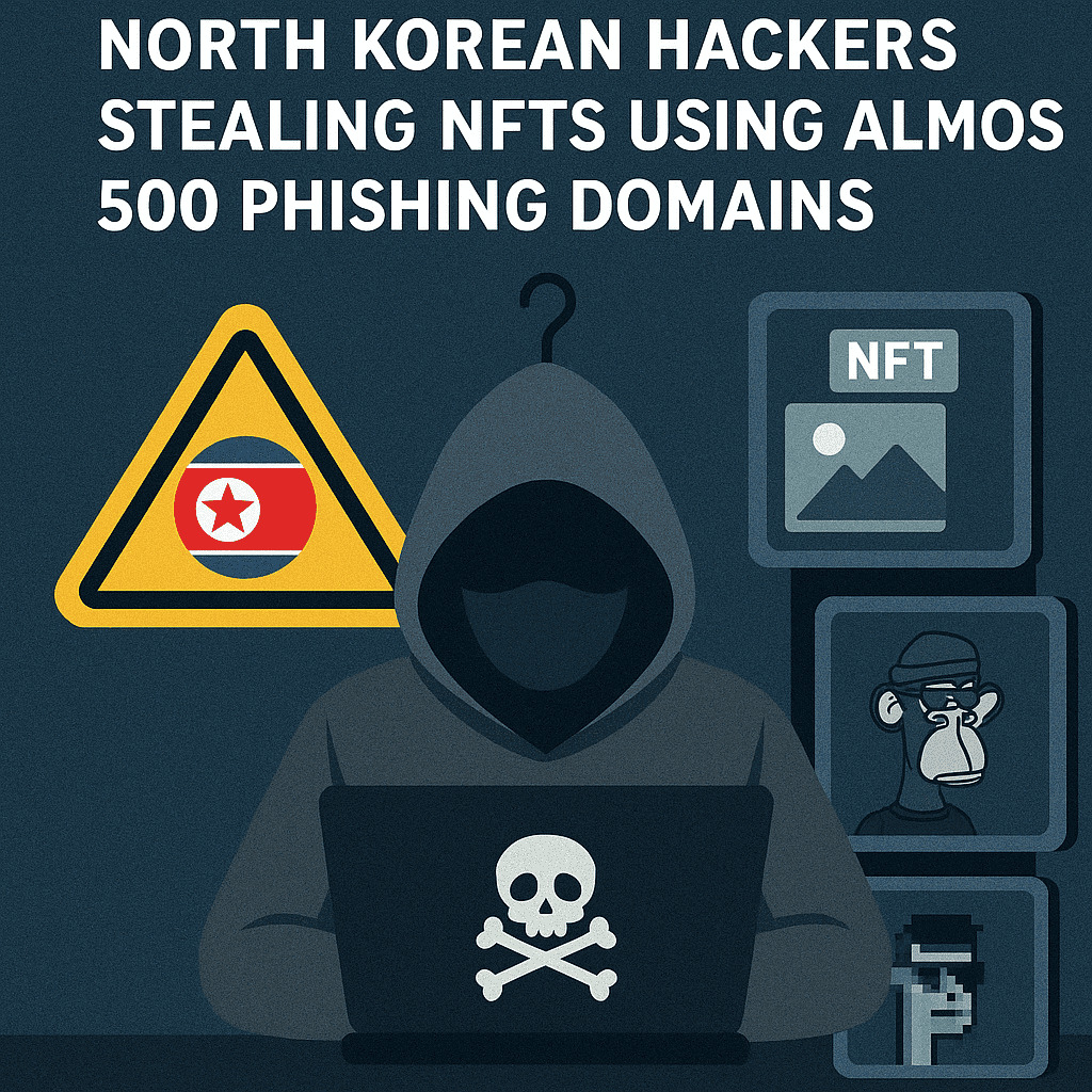 Ilustrácia zobrazuje severokórejského hackera v kapucni s notebookom so symbolom lebky, vedľa ktorého sú obrazovky s NFT a výstražný znak so severokórejskou vlajkou, znázorňujúca krádeže NFT cez phishing.