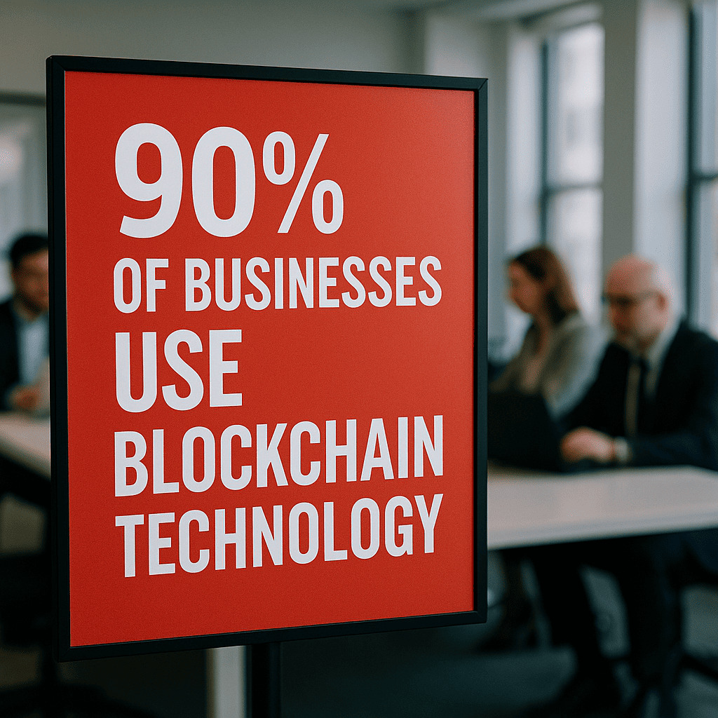 Červená informačná tabuľa s bielym textom "90 % firiem využíva technológiu blockchain" v modernej kancelárii s rozostrenými ľuďmi pracujúcimi v pozadí.
