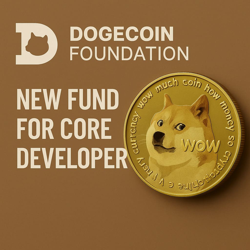 Digitálna grafika oznamuje nový fond Dogecoin Foundation pre vývojárov, s logom nadácie a ikonickou mincou Dogecoin na hnedom pozadí.