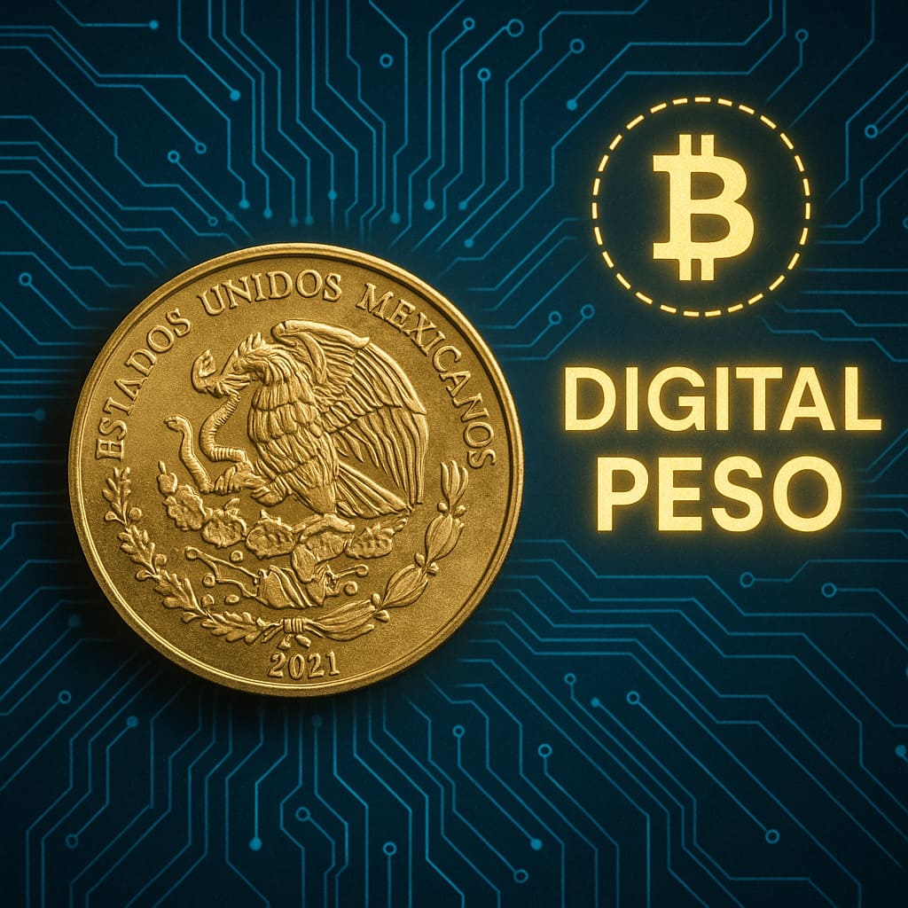 Mexická minca peso zobrazená na digitálnom modrom pozadí s textom „DIGITAL PESO“ a symbolom Bitcoinu, predstavujúcim koncept digitálnej meny.