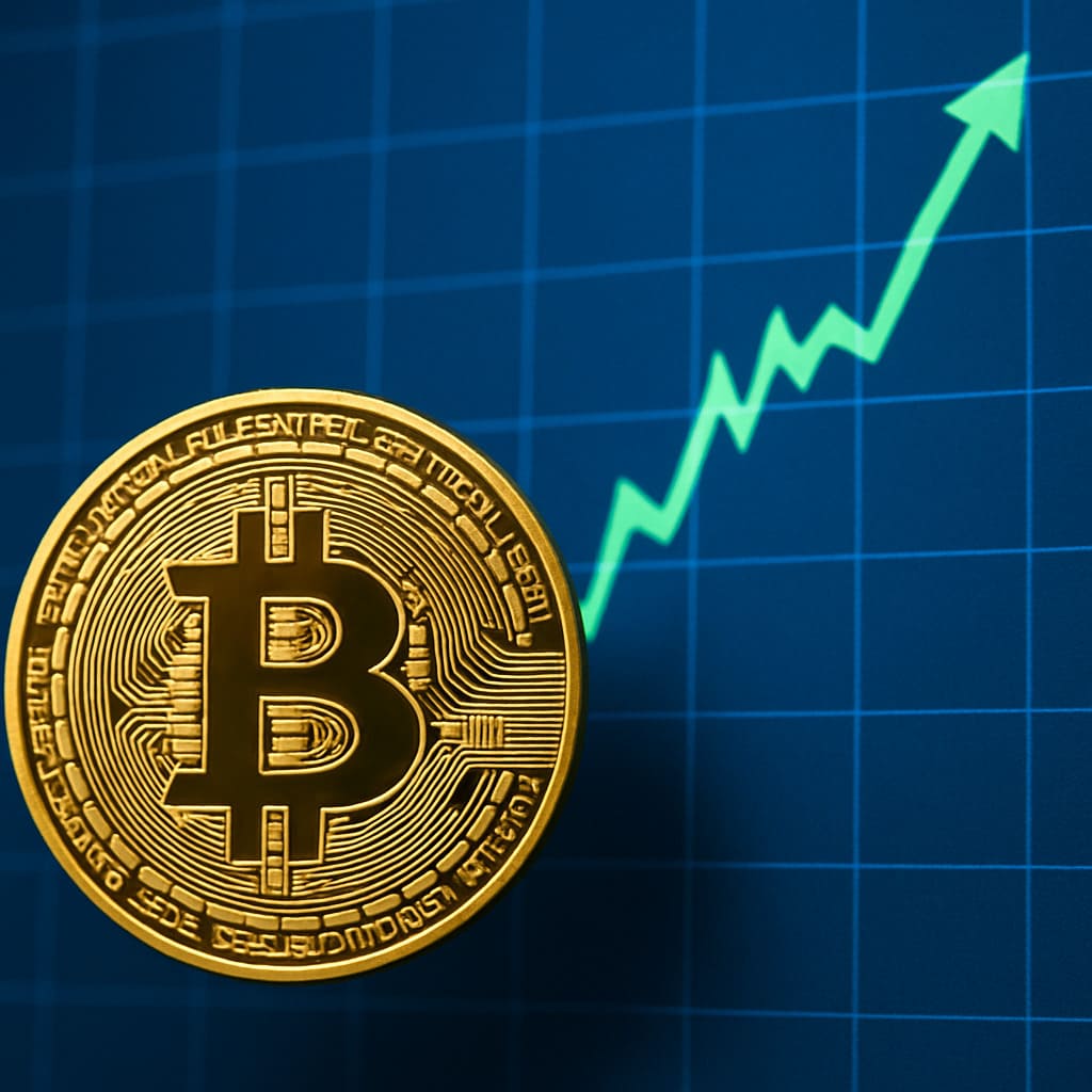Záber na zlatú mincu Bitcoinu s rastúcim zeleným grafom na modrom pozadí, znázorňujúcim nárast ceny.