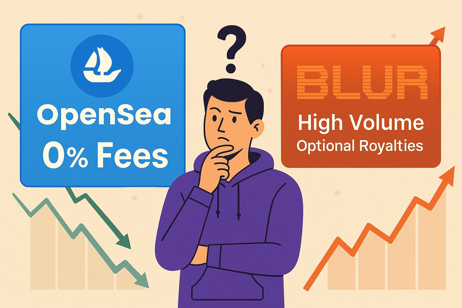 Ilustrácia porovnáva NFT trhoviská OpenSea a Blur, pričom OpenSea láka späť používateľov znížením poplatkov na 0 % v reakcii na rastúcu konkurenciu.