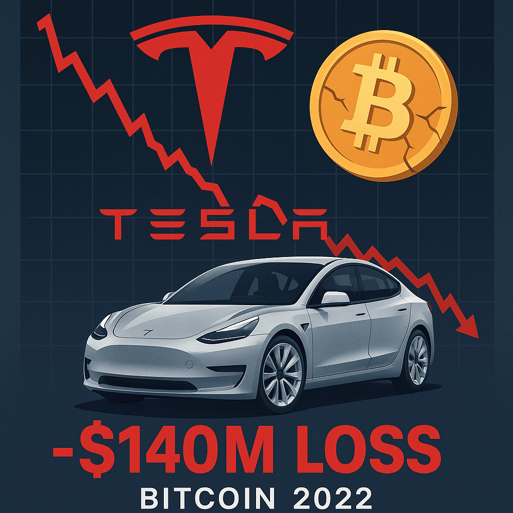 Ilustrácia znázorňuje Teslu so zníženou hodnotou Bitcoinu, ktorá viedla k strate 140 miliónov dolárov v roku 2022.