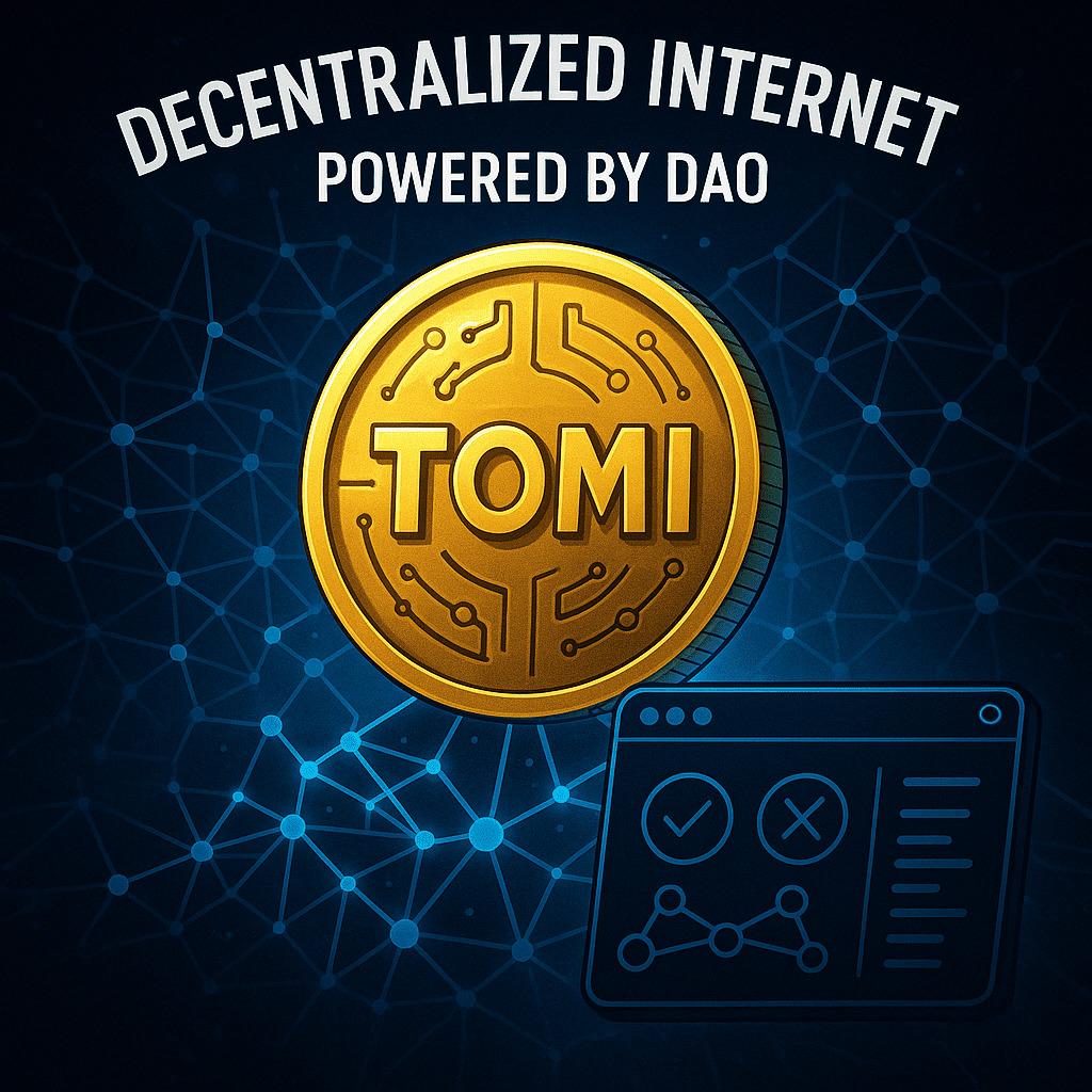 Ilustrácia decentralizovanej siete Tomi DAO, ktorá získala 40 miliónov dolárov na vývoj internetu bez sledovania, podporeného komunitným hlasovaním a tokenom TOMI.