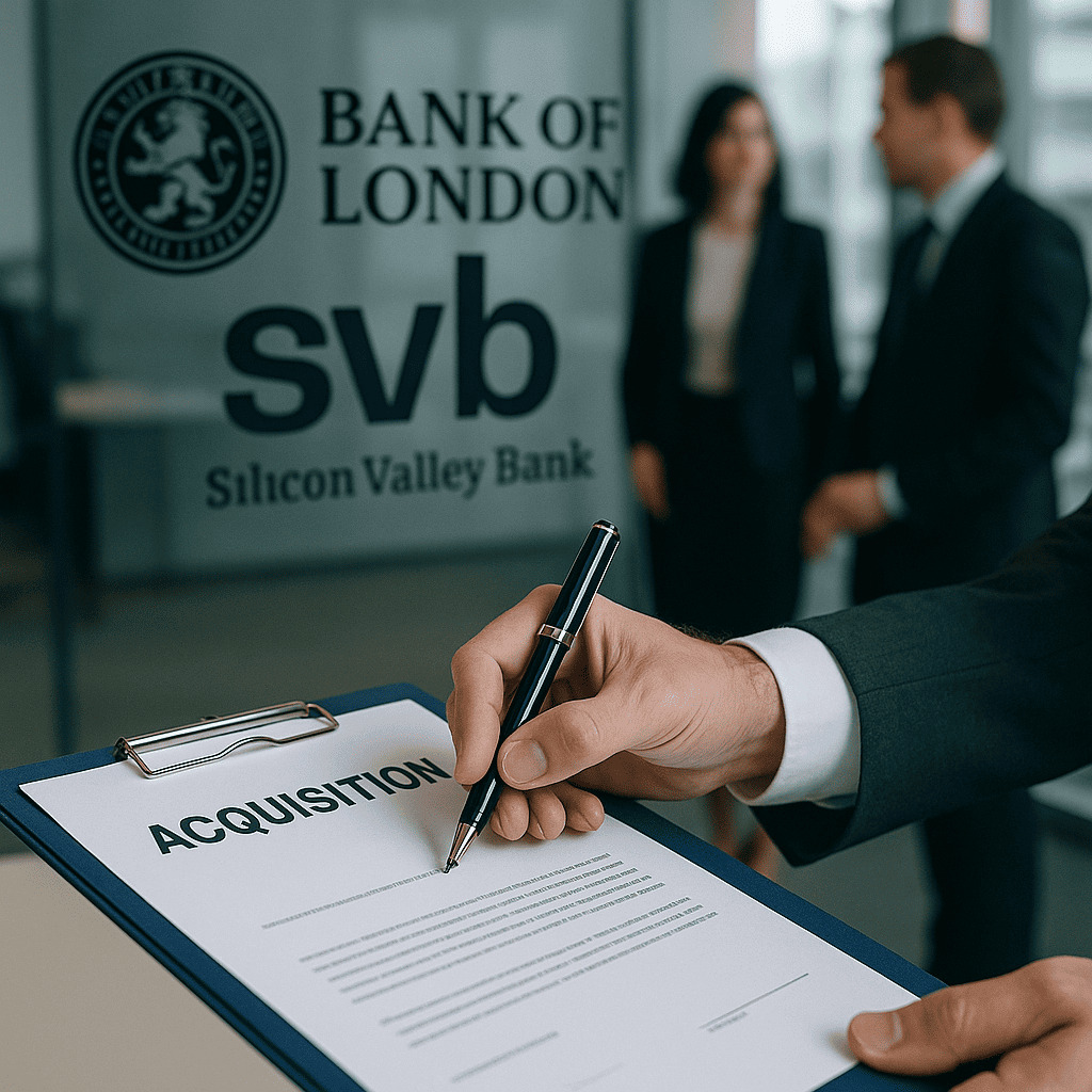 Symbolické prevzatie britskej pobočky Silicon Valley Bank konzorciom vedeným Bank of London, znázornené podpisovaním akvizičnej zmluvy.