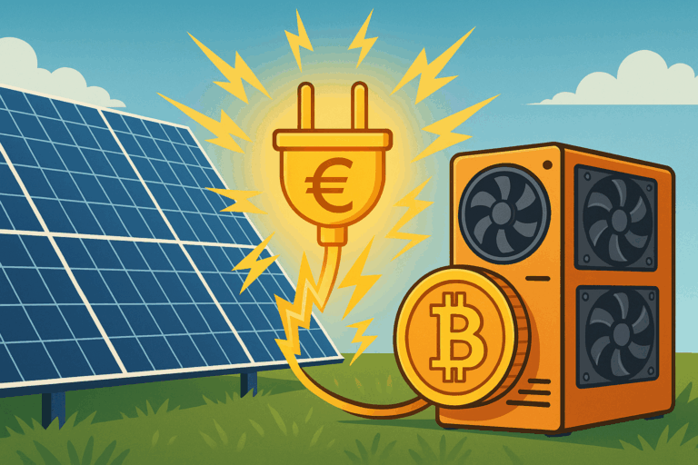 Prebytok elektrickej energie z fotovoltaiky využitý na ťažbu kryptomien – vizuálne spojenie solárnych panelov a mining zariadenia.