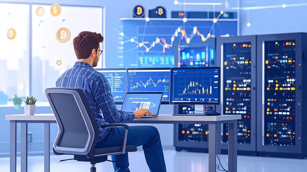 Ilustrácia pasívneho príjmu z ťažby kryptomien pomocou cloud miningu