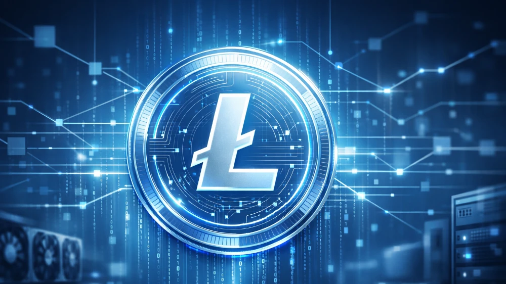 Ilustrácia ťažby kryptomeny Litecoin s digitálnou mincou a blockchain sieťou