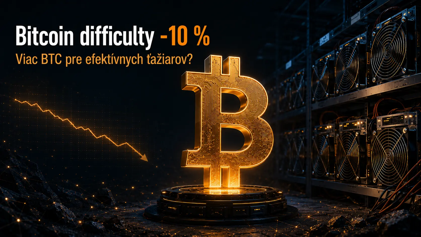 Ilustračný obrázok k poklesu obtiažnosti Bitcoinu o 10 %, so zlatým Bitcoin symbolom, ASIC minermi a grafom smerujúcim nadol.
