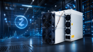 ASIC miner na ťažbu Zcash v dátovom centre s vizualizáciou kryptomenového grafu