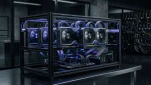 Grafické karty zapojené v mining rigu pro těžbu kryptoměn pomocí GPU