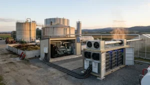 Bitcoin mining kontajner pri bioplynovej stanici využívajúci elektrinu vyrobenú z bioplynu na ťažbu kryptomien